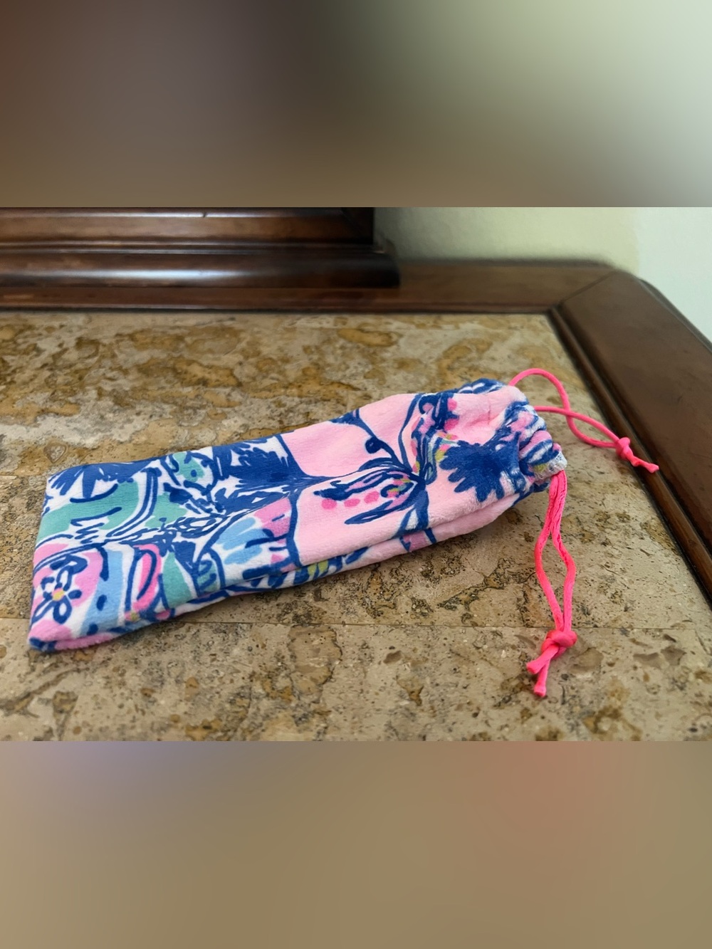 Lilly Pulitzer Pink and Blue Floral Drawstring Skincare Pouch with Facial Roller